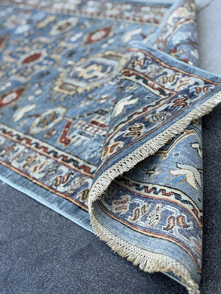 3x12 Handmade Afghan Wool Runner Rug | Powder Blue Tribal Geometric Hallway Runner | Ivory Border with Red Accents | Hand-Knotted Carpet