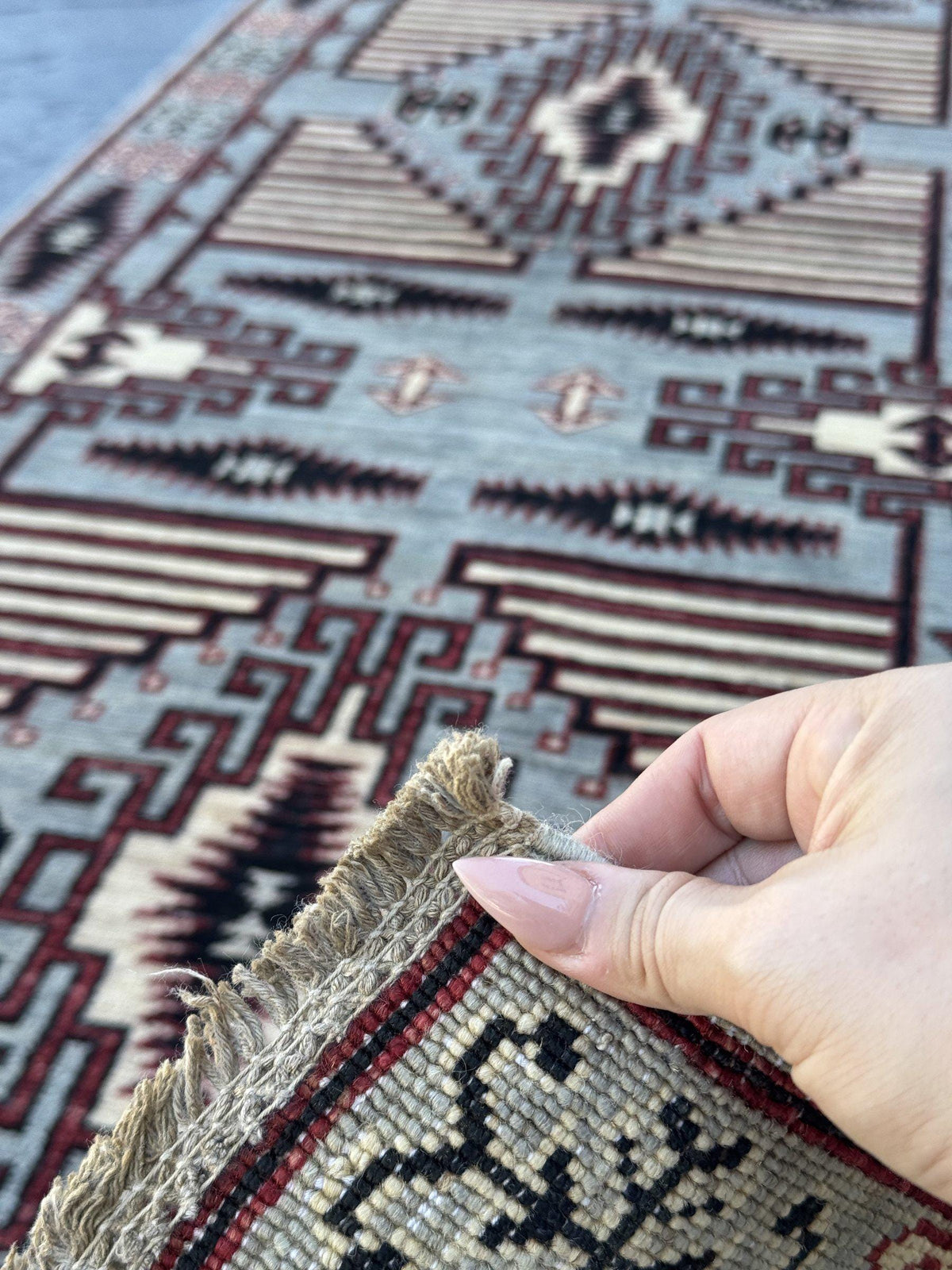 3x10 Handmade Afghan Wool Runner Rug | Slate Grey and Maroon Southwestern Geometric Hallway Runner | Ivory and Black | Hand-Knotted Carpet