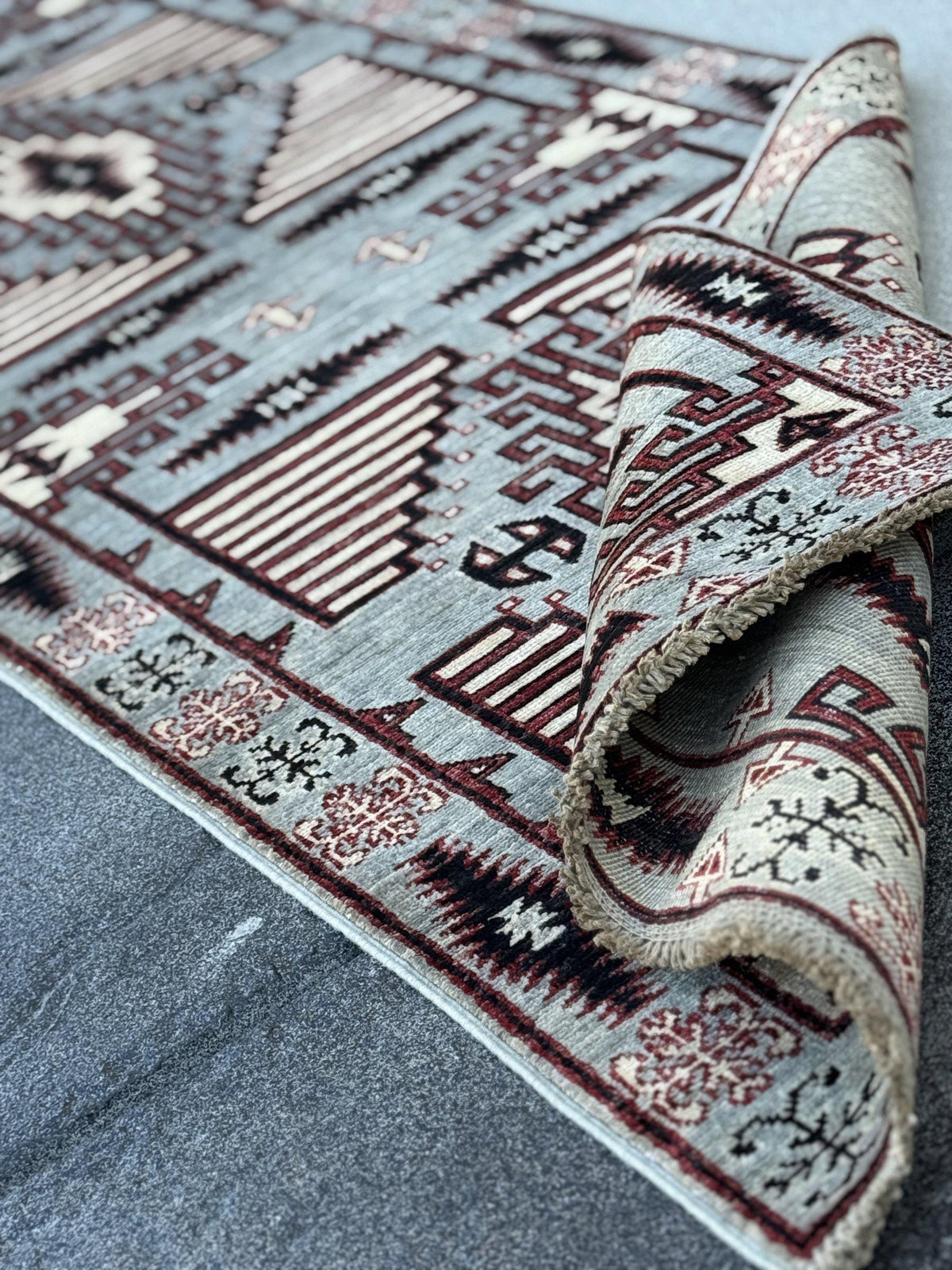 3x10 Handmade Afghan Wool Runner Rug | Slate Grey and Maroon Southwestern Geometric Hallway Runner | Ivory and Black | Hand-Knotted Carpet