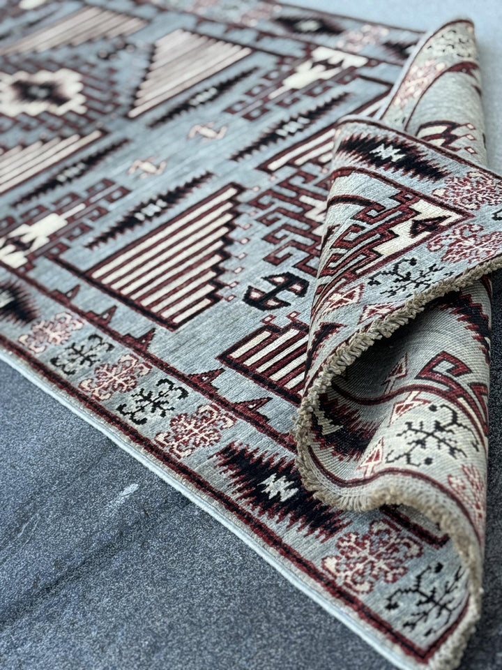 3x10 Handmade Afghan Wool Runner Rug | Slate Grey and Maroon Southwestern Geometric Hallway Runner | Ivory and Black | Hand-Knotted Carpet