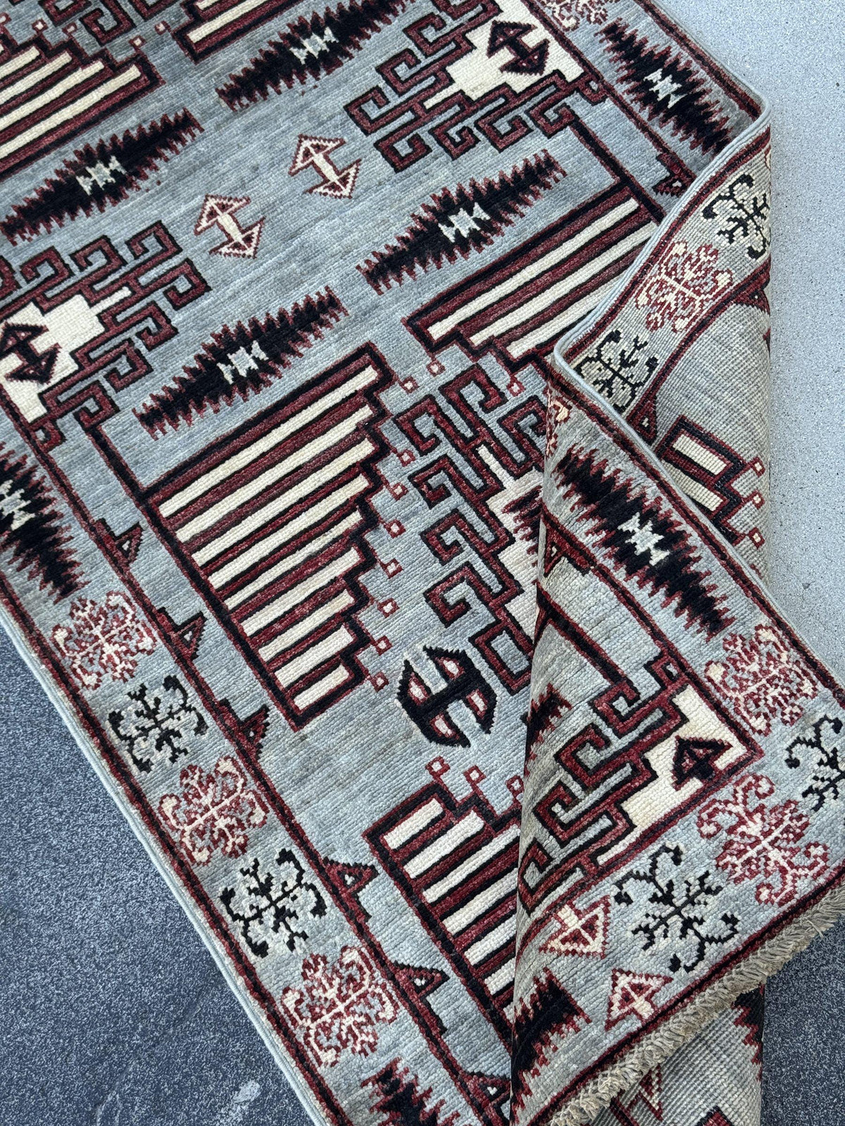 3x10 Handmade Afghan Wool Runner Rug | Slate Grey and Maroon Southwestern Geometric Hallway Runner | Ivory and Black | Hand-Knotted Carpet