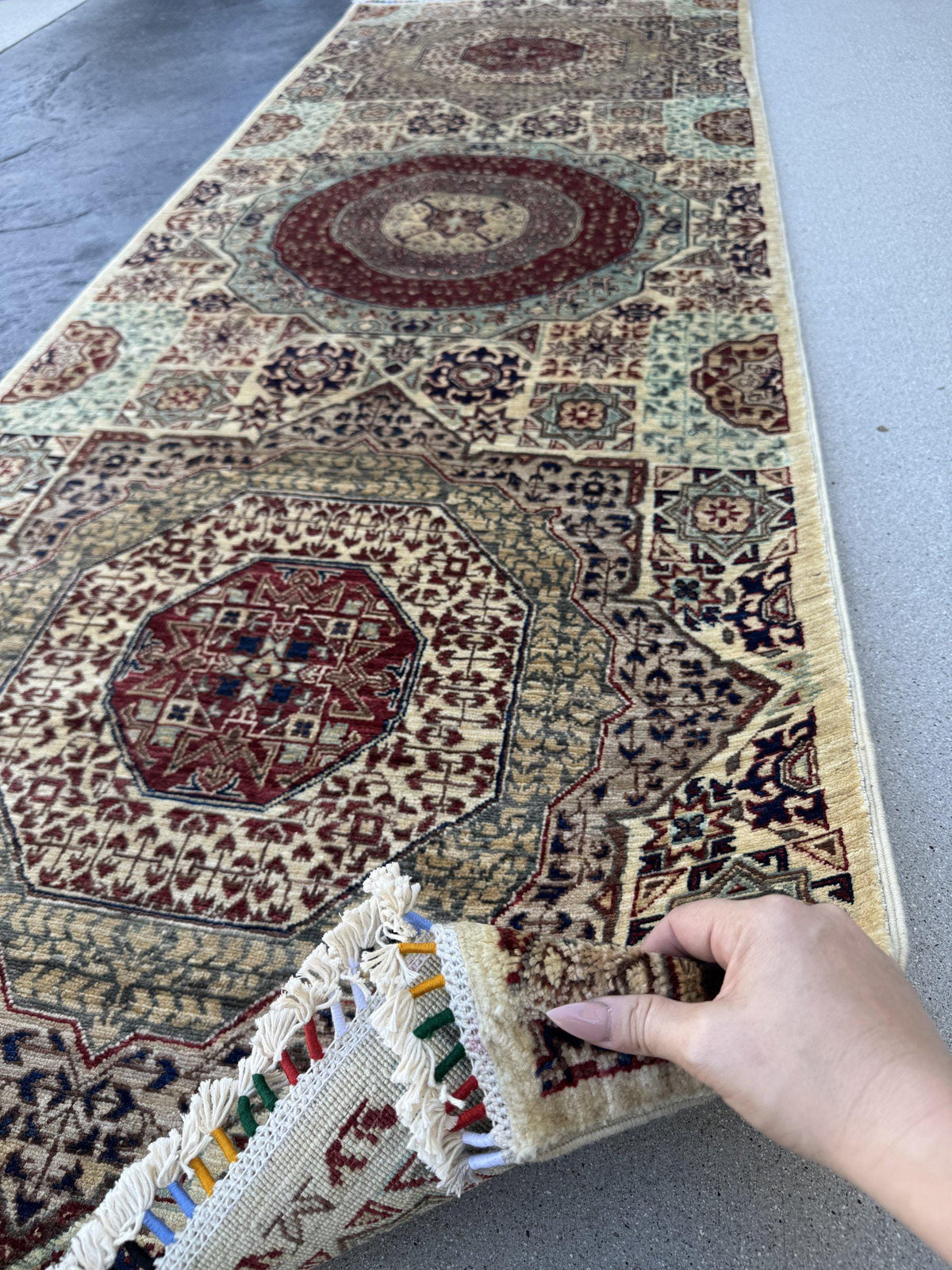 3x8 Handmade Afghan Wool Runner Rug | Cream and Brick Red Mamluk Medallion Hallway Runner | Sage Green and Navy | Hand-Knotted Carpet