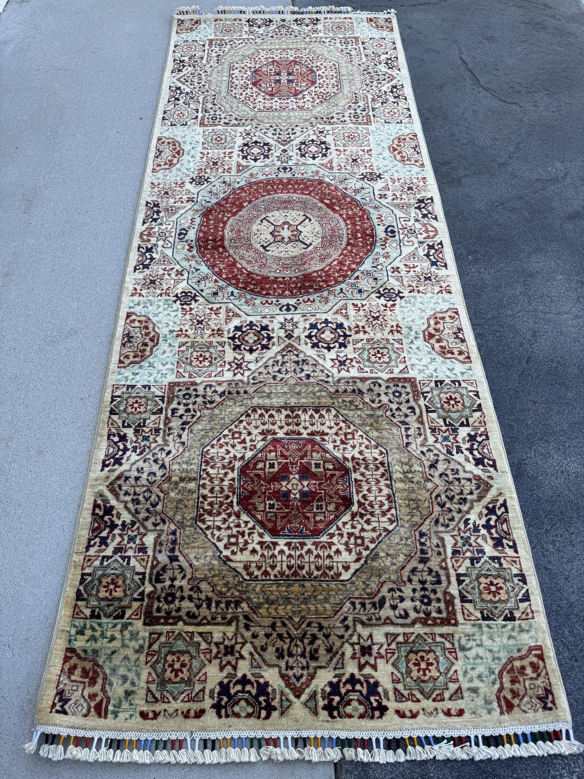 3x8 Handmade Afghan Wool Runner Rug | Cream and Brick Red Mamluk Medallion Hallway Runner | Sage Green and Navy | Hand-Knotted Carpet