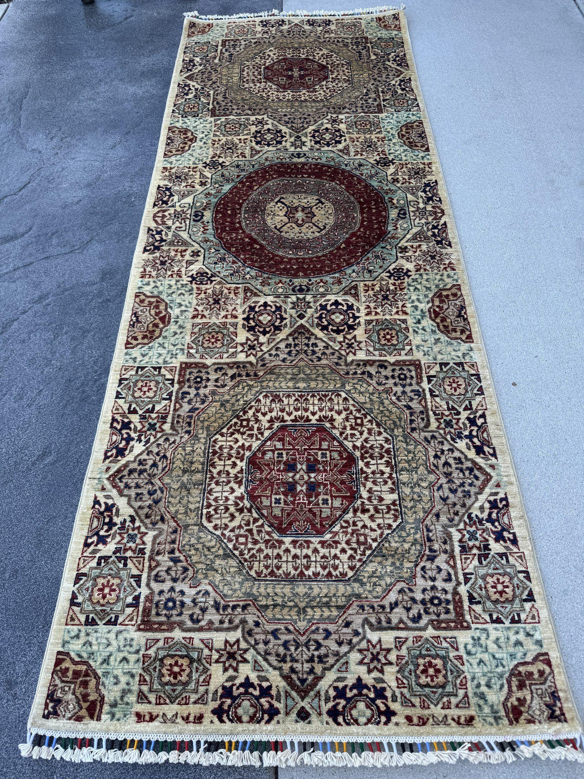 3x8 Handmade Afghan Wool Runner Rug | Cream and Brick Red Mamluk Medallion Hallway Runner | Sage Green and Navy | Hand-Knotted Carpet