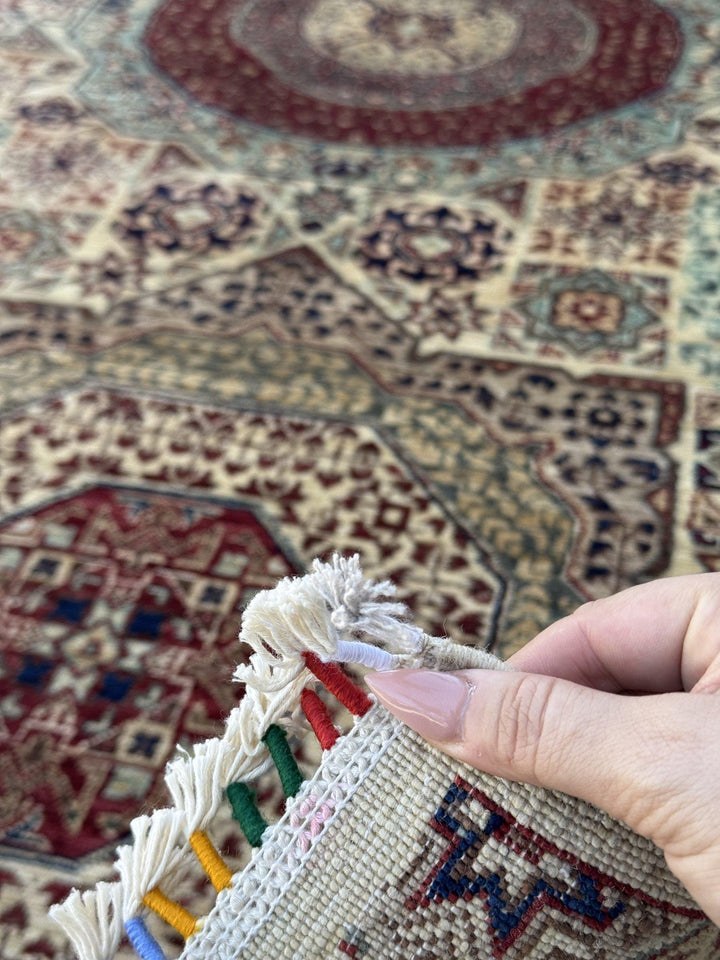 3x8 Handmade Afghan Wool Runner Rug | Cream and Brick Red Mamluk Medallion Hallway Runner | Sage Green and Navy | Hand-Knotted Carpet
