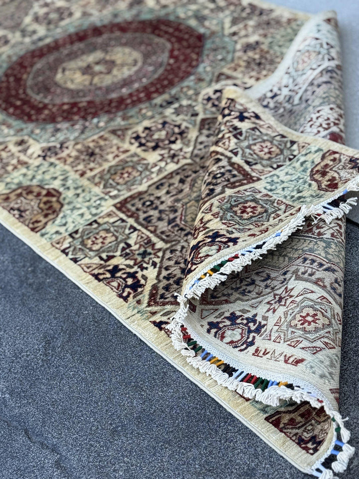 3x8 Handmade Afghan Wool Runner Rug | Cream and Brick Red Mamluk Medallion Hallway Runner | Sage Green and Navy | Hand-Knotted Carpet