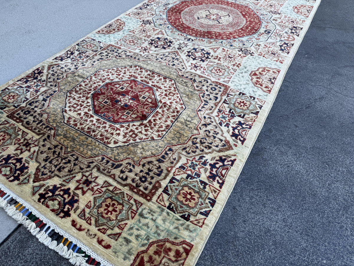 3x8 Handmade Afghan Wool Runner Rug | Cream and Brick Red Mamluk Medallion Hallway Runner | Sage Green and Navy | Hand-Knotted Carpet