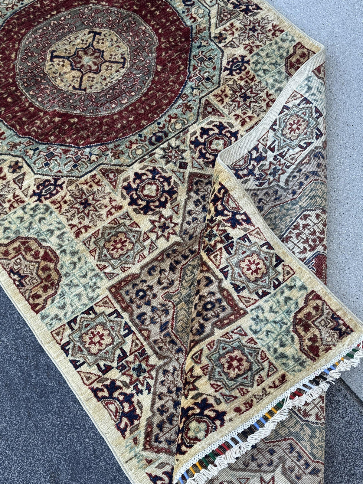 3x8 Handmade Afghan Wool Runner Rug | Cream and Brick Red Mamluk Medallion Hallway Runner | Sage Green and Navy | Hand-Knotted Carpet
