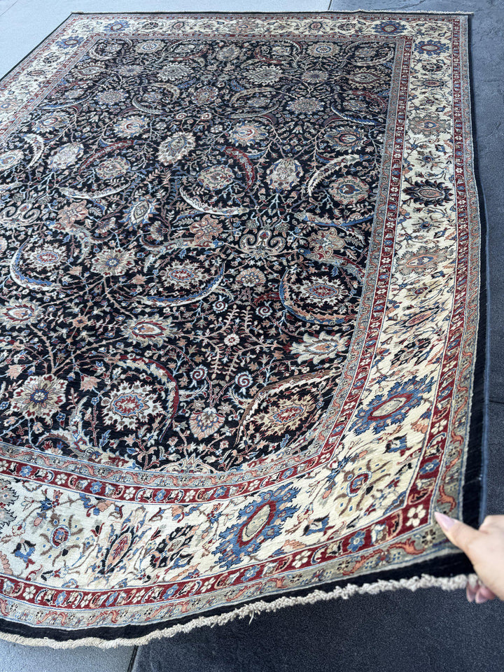 9x12 Handmade Afghan Wool Rug | Black Floral Garden Area Rug with Ivory Border | Red and Blue Accents | Hand-Knotted Traditional Carpet