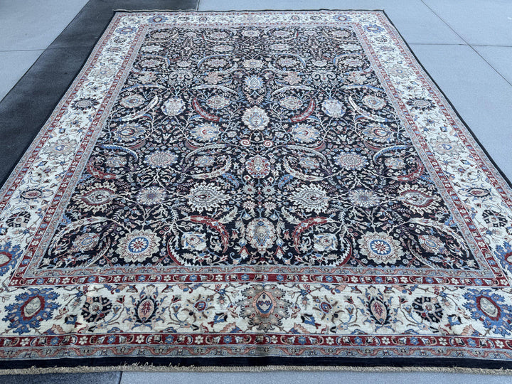 9x12 Handmade Afghan Wool Rug | Black Floral Garden Area Rug with Ivory Border | Red and Blue Accents | Hand-Knotted Traditional Carpet