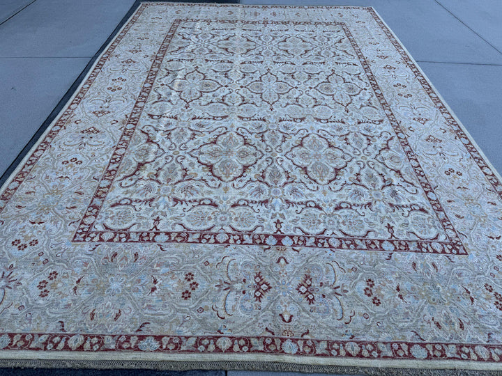 9x14 Handmade Afghan Wool Rug | Ivory Floral Lattice Oversized Area Rug | Maroon Border with Sky Blue and Gold | Hand-Knotted Carpet