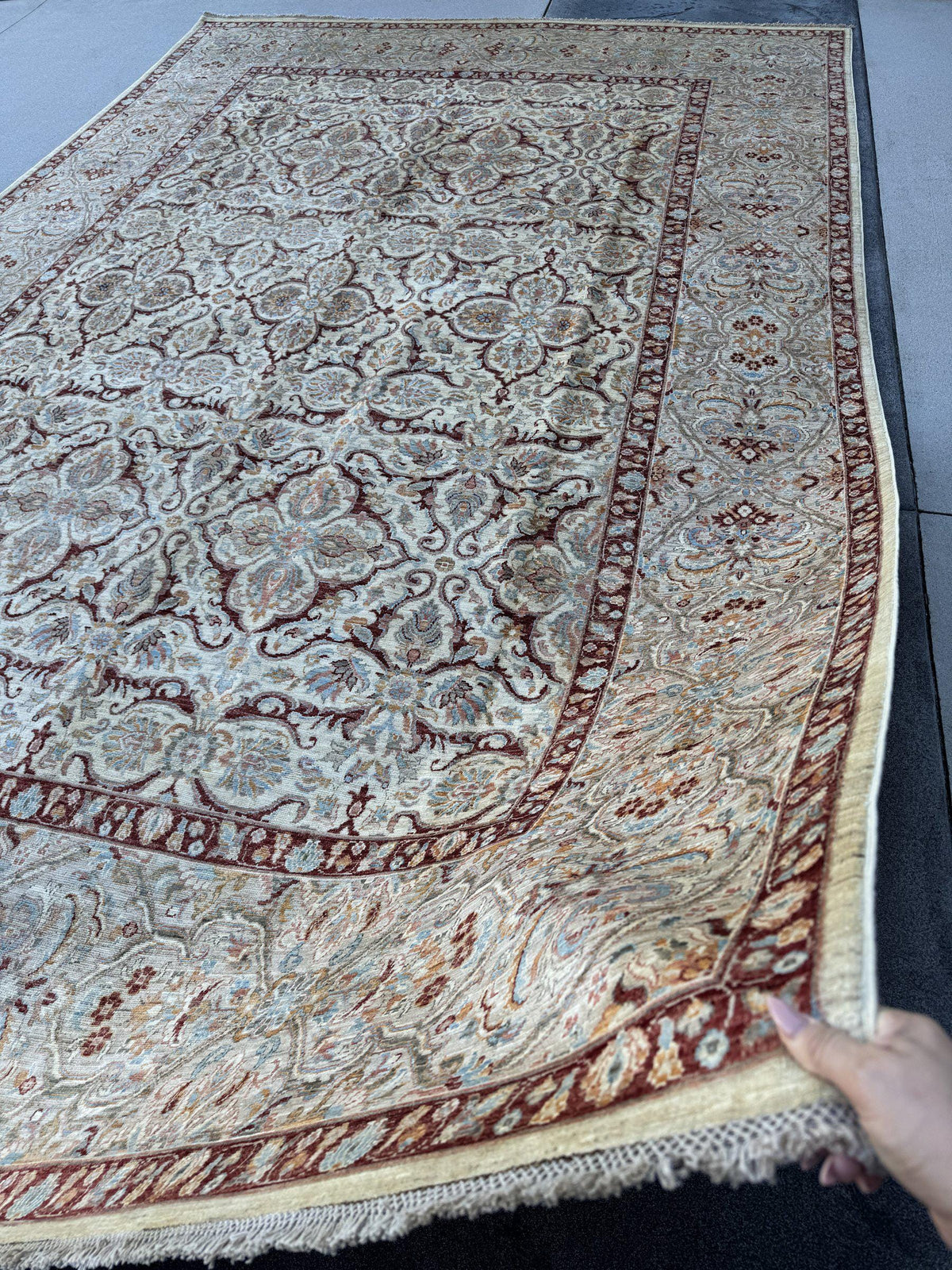 9x14 Handmade Afghan Wool Rug | Ivory Floral Lattice Oversized Area Rug | Maroon Border with Sky Blue and Gold | Hand-Knotted Carpet