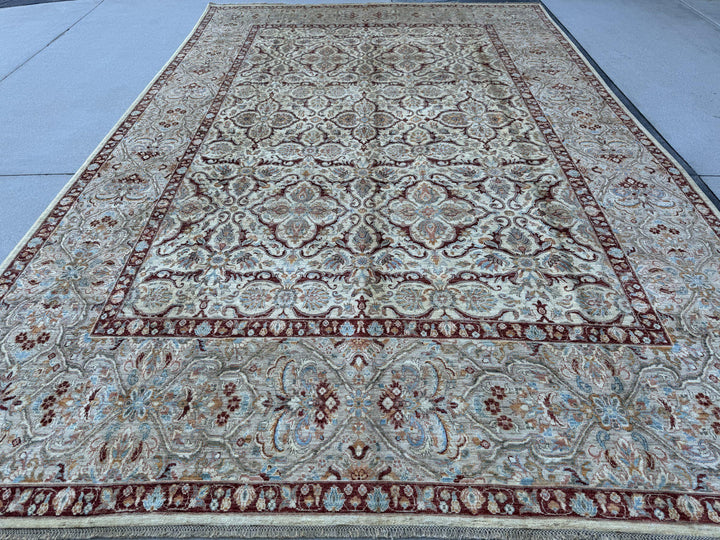 9x14 Handmade Afghan Wool Rug | Ivory Floral Lattice Oversized Area Rug | Maroon Border with Sky Blue and Gold | Hand-Knotted Carpet