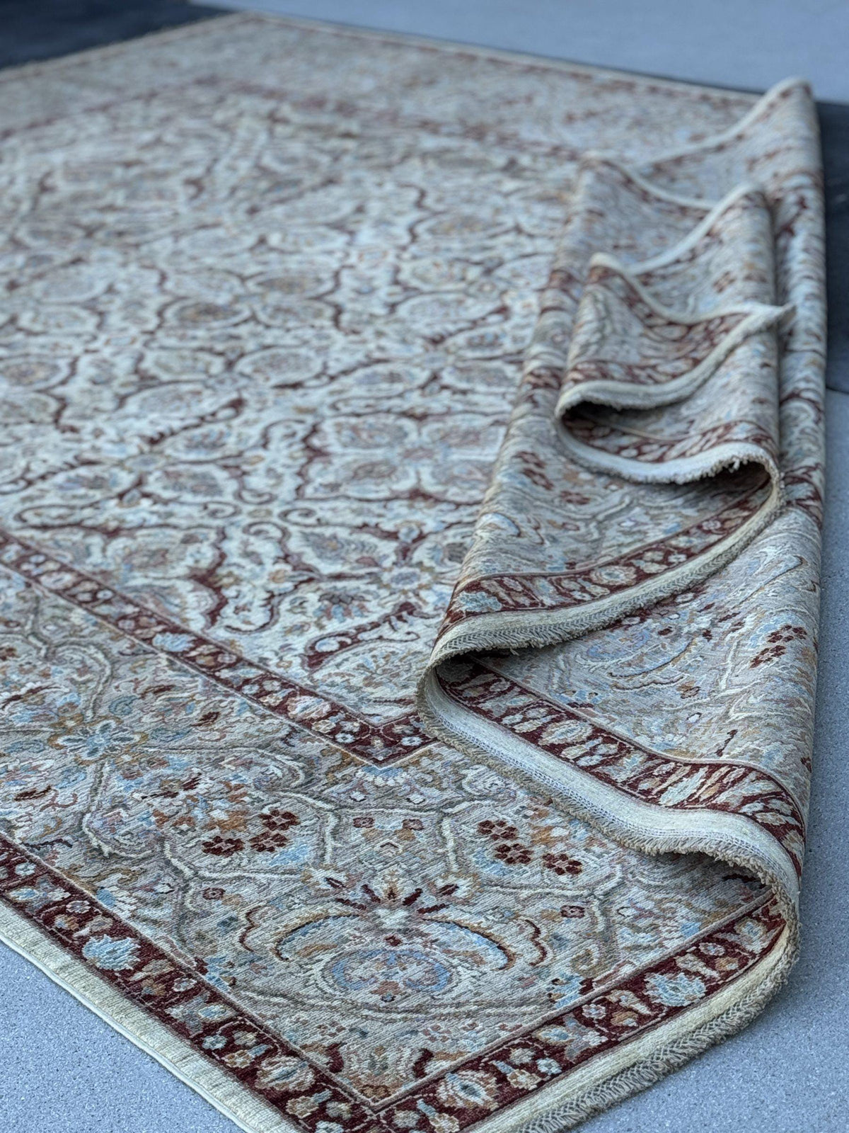 9x14 Handmade Afghan Wool Rug | Ivory Floral Lattice Oversized Area Rug | Maroon Border with Sky Blue and Gold | Hand-Knotted Carpet
