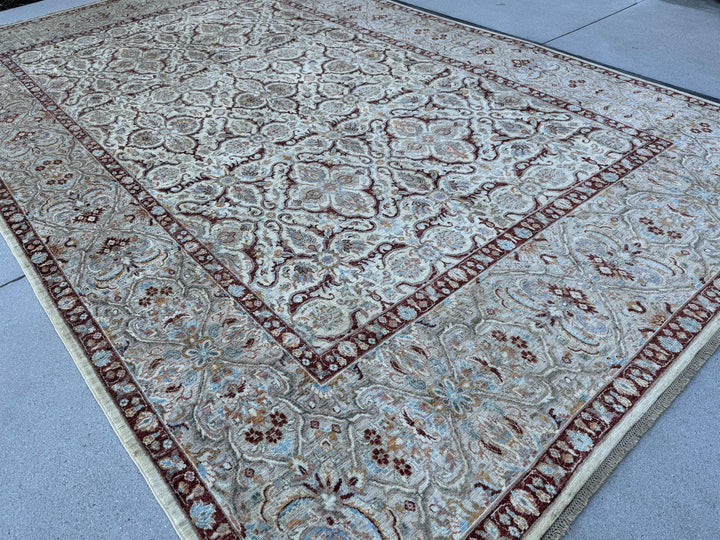 9x14 Handmade Afghan Wool Rug | Ivory Floral Lattice Oversized Area Rug | Maroon Border with Sky Blue and Gold | Hand-Knotted Carpet