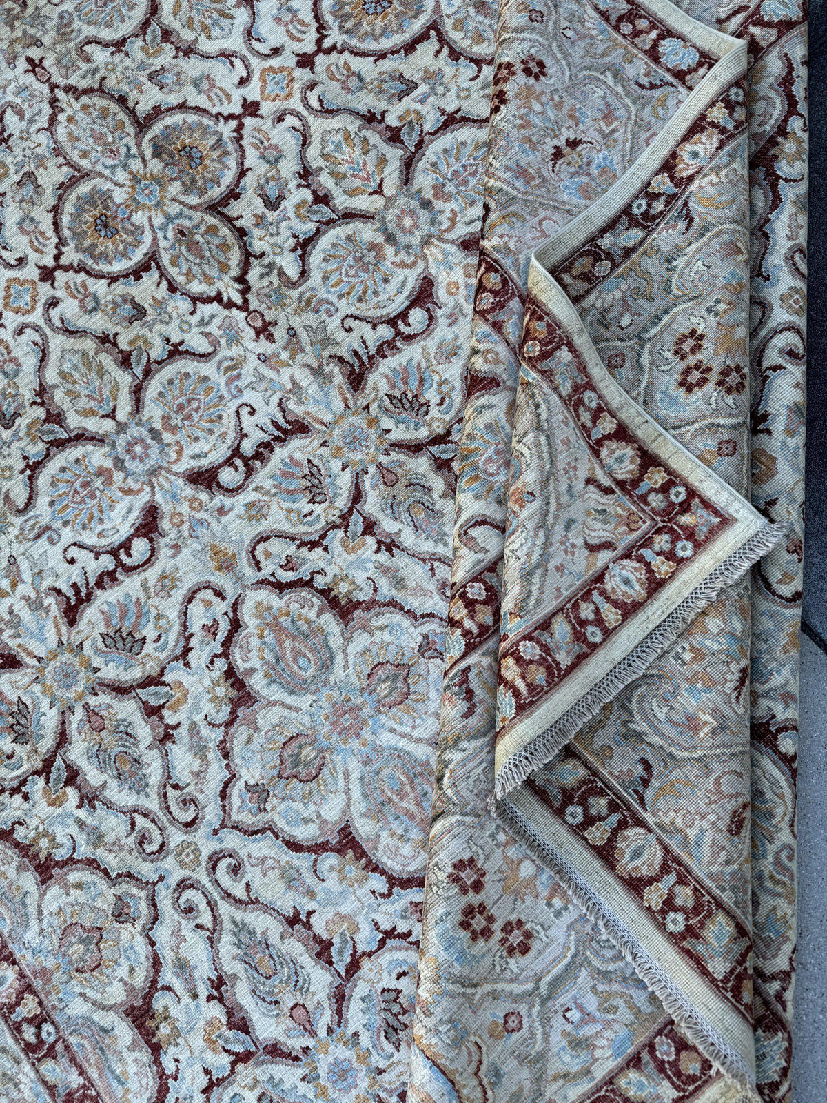 9x14 Handmade Afghan Wool Rug | Ivory Floral Lattice Oversized Area Rug | Maroon Border with Sky Blue and Gold | Hand-Knotted Carpet