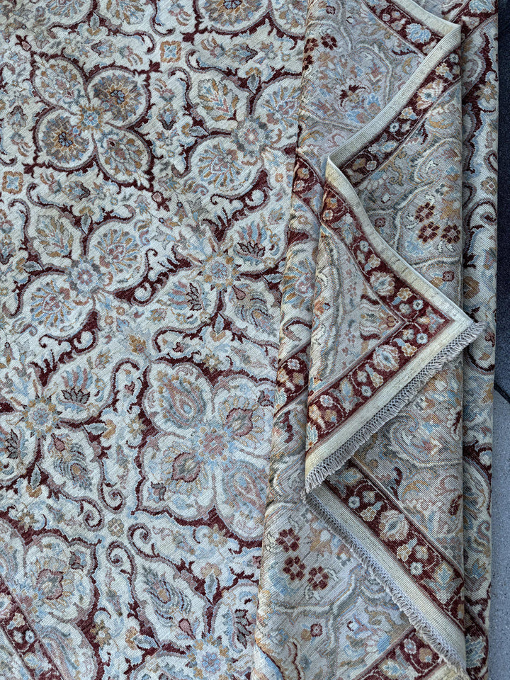 9x14 Handmade Afghan Wool Rug | Ivory Floral Lattice Oversized Area Rug | Maroon Border with Sky Blue and Gold | Hand-Knotted Carpet