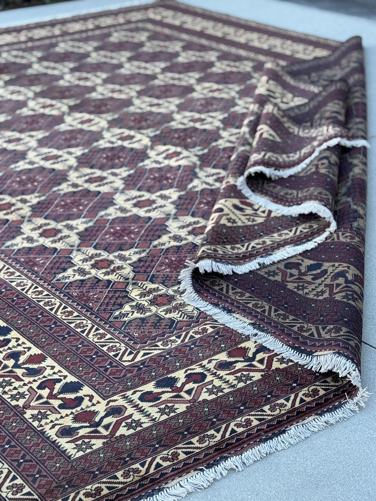 10x13 Handmade Afghan Wool Rug | Burgundy and Cream Geometric Star Lattice Area Rug | Navy Accents | Hand-Knotted Tribal Carpet