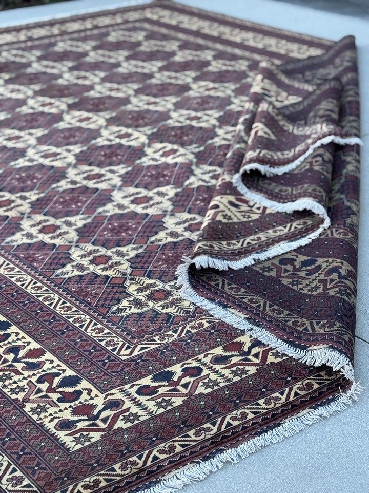 10x13 Handmade Afghan Wool Rug | Burgundy and Cream Geometric Star Lattice Area Rug | Navy Accents | Hand-Knotted Tribal Carpet
