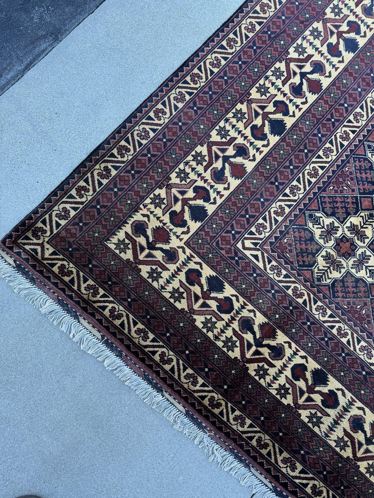 10x13 Handmade Afghan Wool Rug | Burgundy and Cream Geometric Star Lattice Area Rug | Navy Accents | Hand-Knotted Tribal Carpet