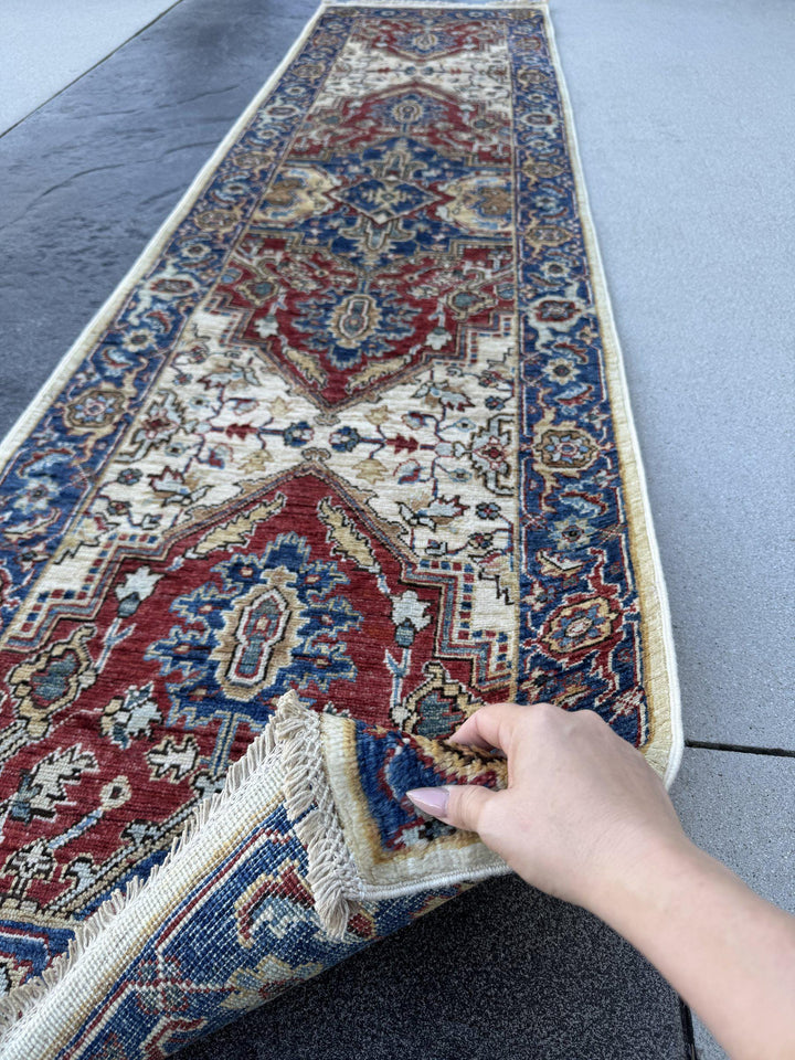 3x10 Handmade Afghan Wool Runner Rug | Red Medallion Hallway Runner on Ivory with Royal Blue Border | Hand-Knotted Traditional Carpet