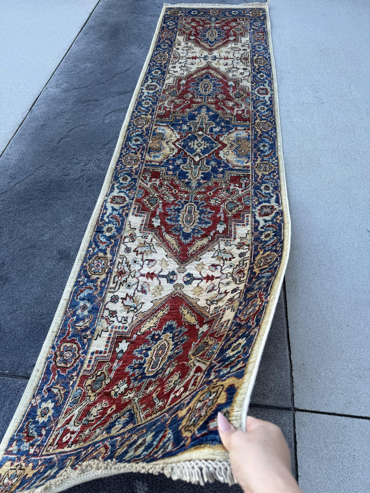 3x10 Handmade Afghan Wool Runner Rug | Red Medallion Hallway Runner on Ivory with Royal Blue Border | Hand-Knotted Traditional Carpet