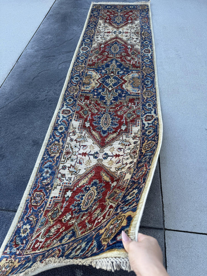 3x10 Handmade Afghan Wool Runner Rug | Red Medallion Hallway Runner on Ivory with Royal Blue Border | Hand-Knotted Traditional Carpet