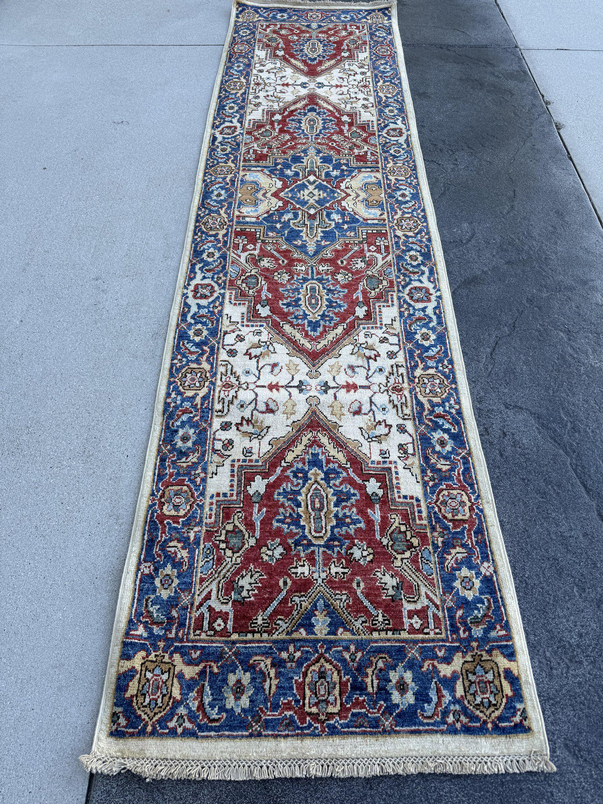 3x10 Handmade Afghan Wool Runner Rug | Red Medallion Hallway Runner on Ivory with Royal Blue Border | Hand-Knotted Traditional Carpet