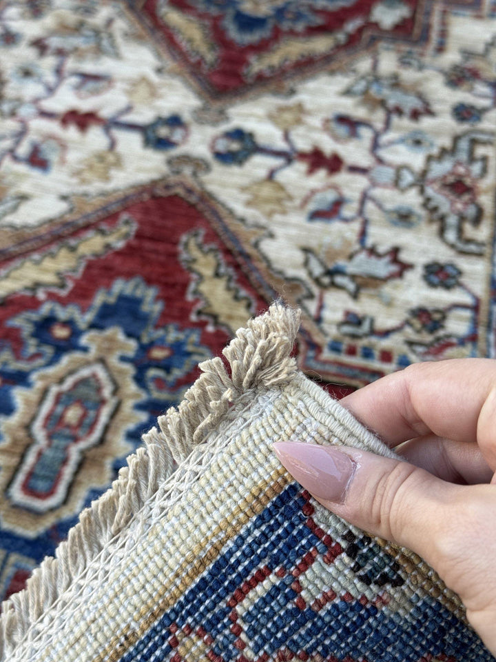 3x10 Handmade Afghan Wool Runner Rug | Red Medallion Hallway Runner on Ivory with Royal Blue Border | Hand-Knotted Traditional Carpet
