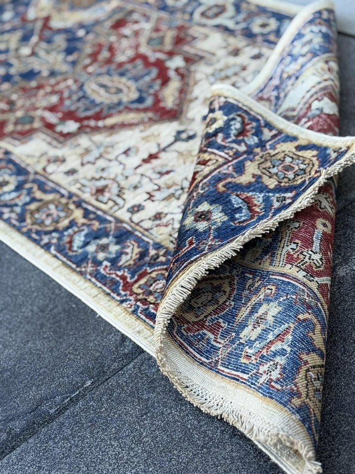 3x10 Handmade Afghan Wool Runner Rug | Red Medallion Hallway Runner on Ivory with Royal Blue Border | Hand-Knotted Traditional Carpet