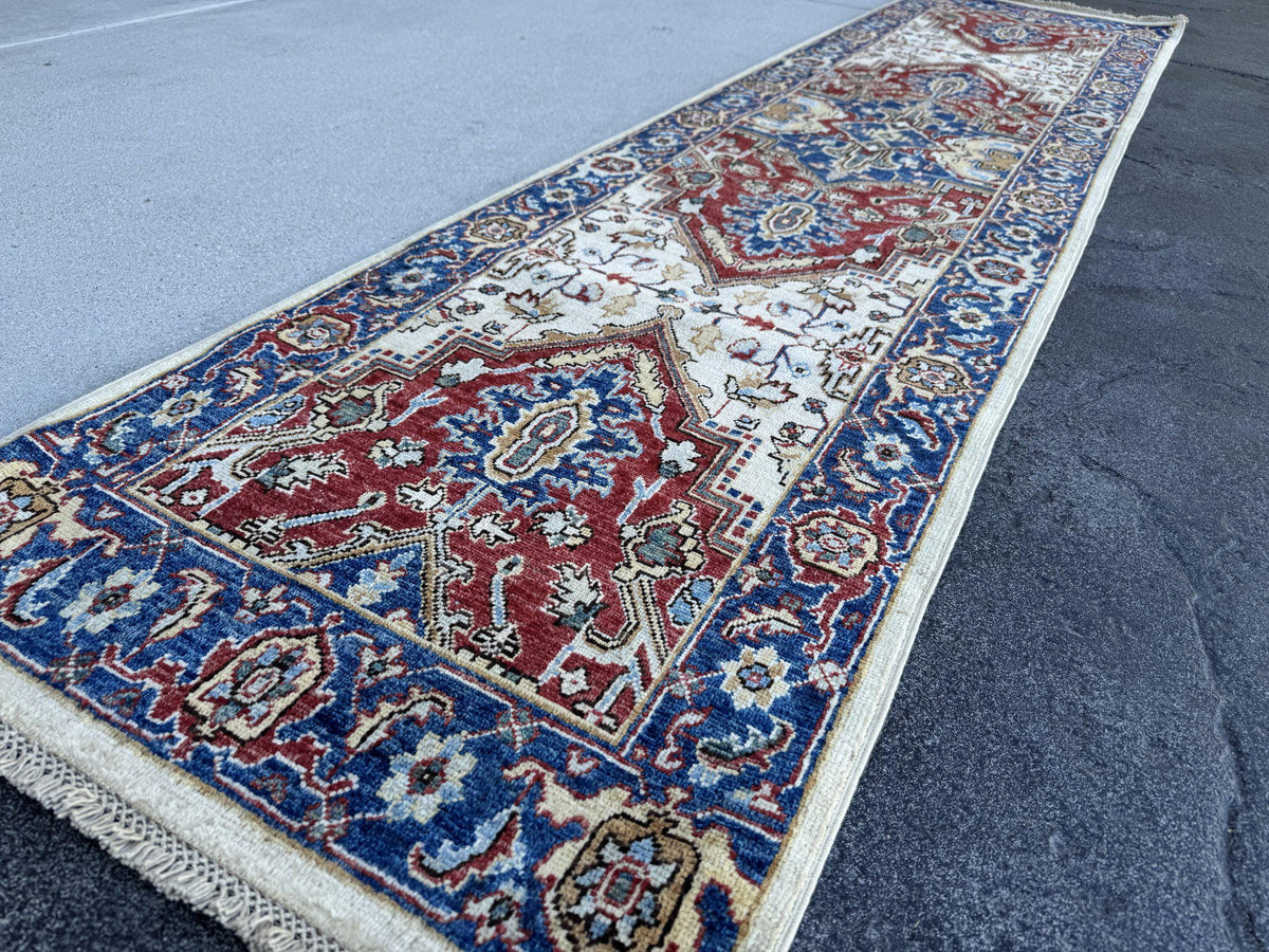 3x10 Handmade Afghan Wool Runner Rug | Red Medallion Hallway Runner on Ivory with Royal Blue Border | Hand-Knotted Traditional Carpet