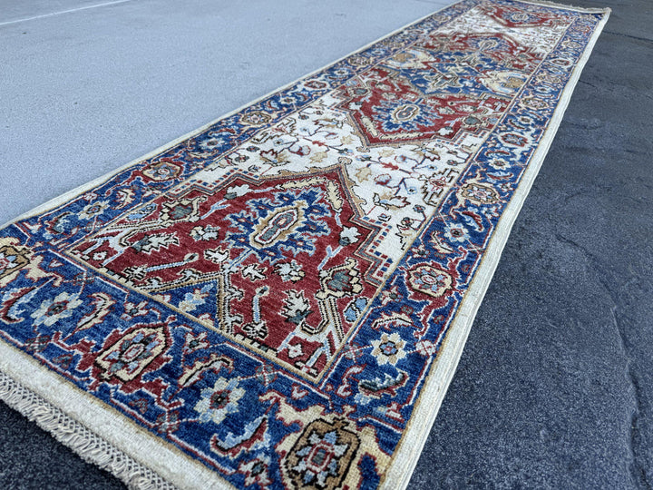 3x10 Handmade Afghan Wool Runner Rug | Red Medallion Hallway Runner on Ivory with Royal Blue Border | Hand-Knotted Traditional Carpet