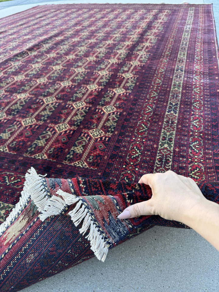 10x14 Handmade Afghan Wool Rug | Deep Burgundy and Eggplant Tribal Geometric Oversized Area Rug | Navy and Tan | Hand-Knotted Carpet
