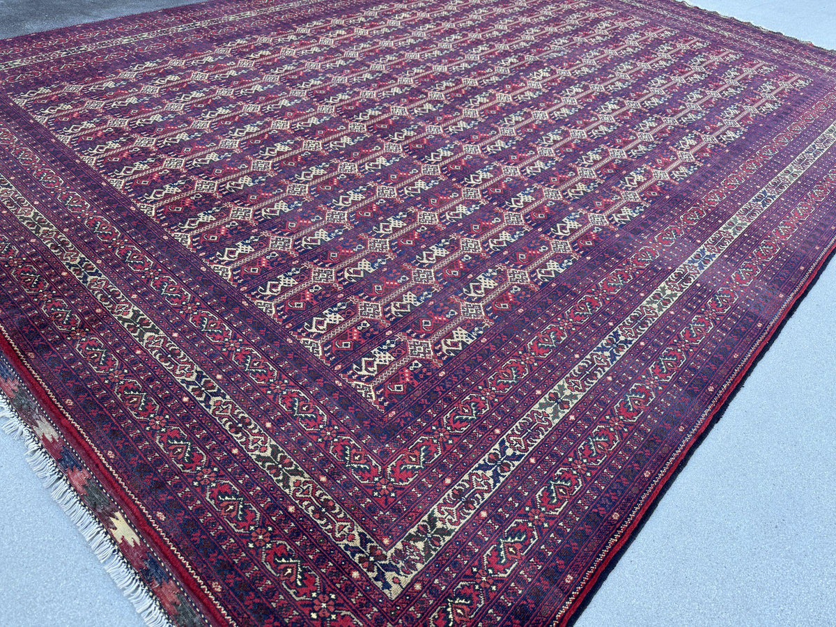 10x14 Handmade Afghan Wool Rug | Deep Burgundy and Eggplant Tribal Geometric Oversized Area Rug | Navy and Tan | Hand-Knotted Carpet