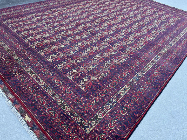 10x14 Handmade Afghan Wool Rug | Deep Burgundy and Eggplant Tribal Geometric Oversized Area Rug | Navy and Tan | Hand-Knotted Carpet