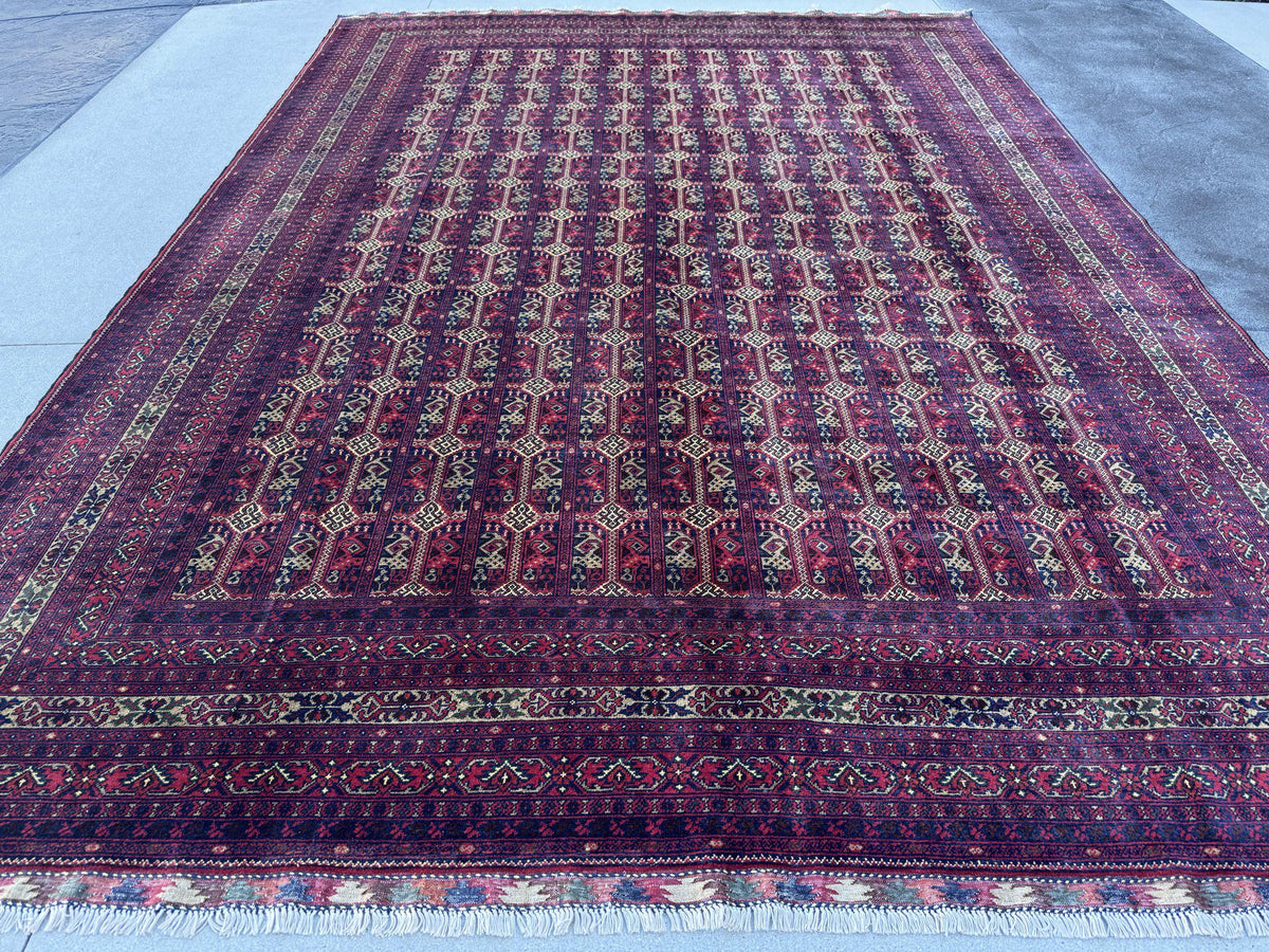 10x14 Handmade Afghan Wool Rug | Deep Burgundy and Eggplant Tribal Geometric Oversized Area Rug | Navy and Tan | Hand-Knotted Carpet