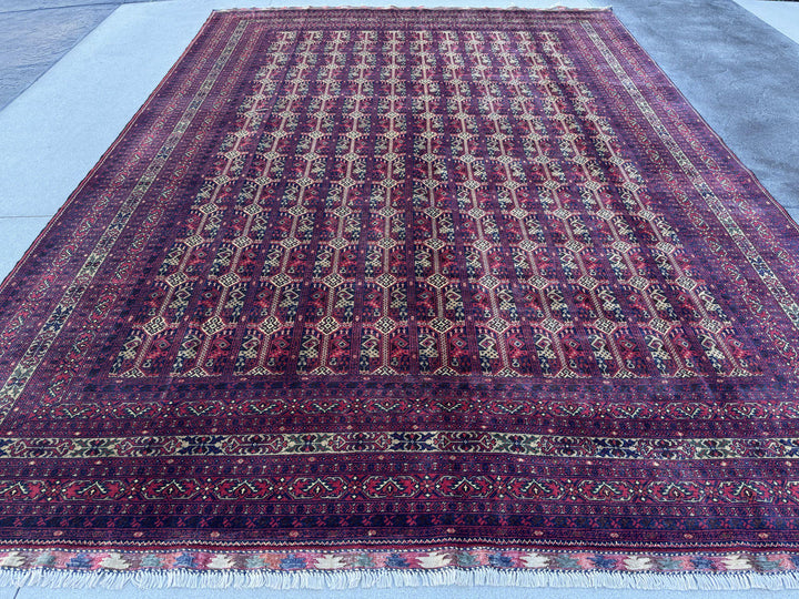 10x14 Handmade Afghan Wool Rug | Deep Burgundy and Eggplant Tribal Geometric Oversized Area Rug | Navy and Tan | Hand-Knotted Carpet