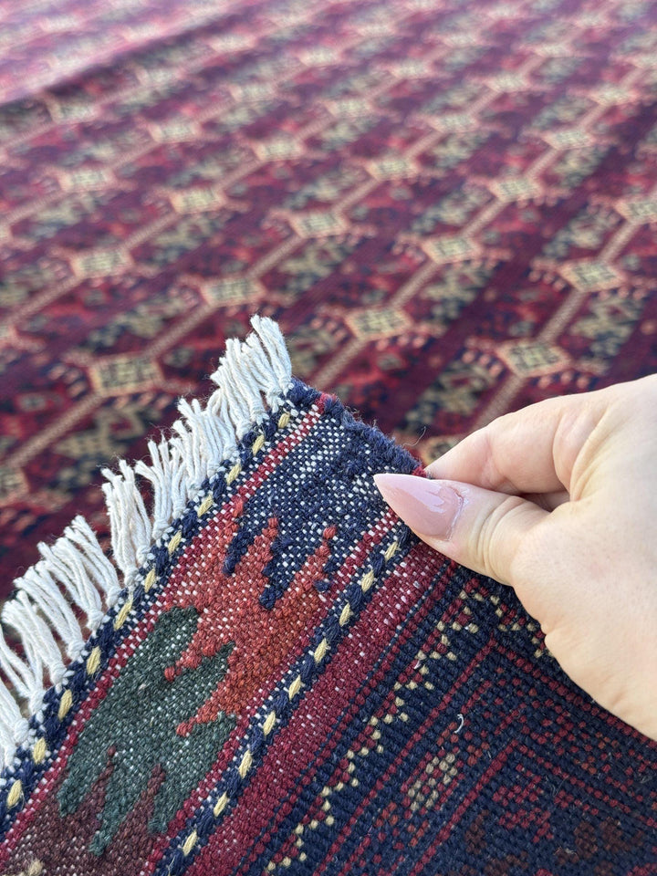 10x14 Handmade Afghan Wool Rug | Deep Burgundy and Eggplant Tribal Geometric Oversized Area Rug | Navy and Tan | Hand-Knotted Carpet
