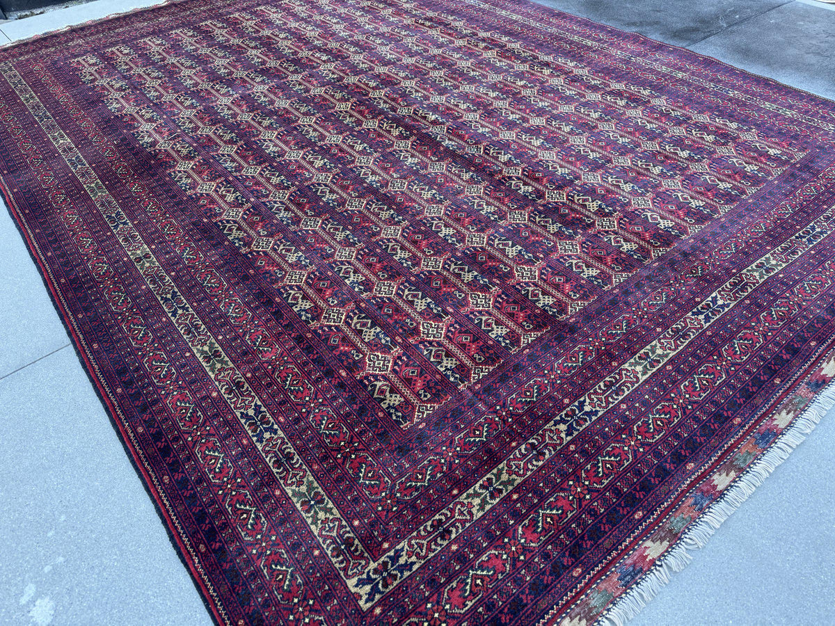 10x14 Handmade Afghan Wool Rug | Deep Burgundy and Eggplant Tribal Geometric Oversized Area Rug | Navy and Tan | Hand-Knotted Carpet