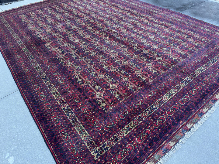 10x14 Handmade Afghan Wool Rug | Deep Burgundy and Eggplant Tribal Geometric Oversized Area Rug | Navy and Tan | Hand-Knotted Carpet