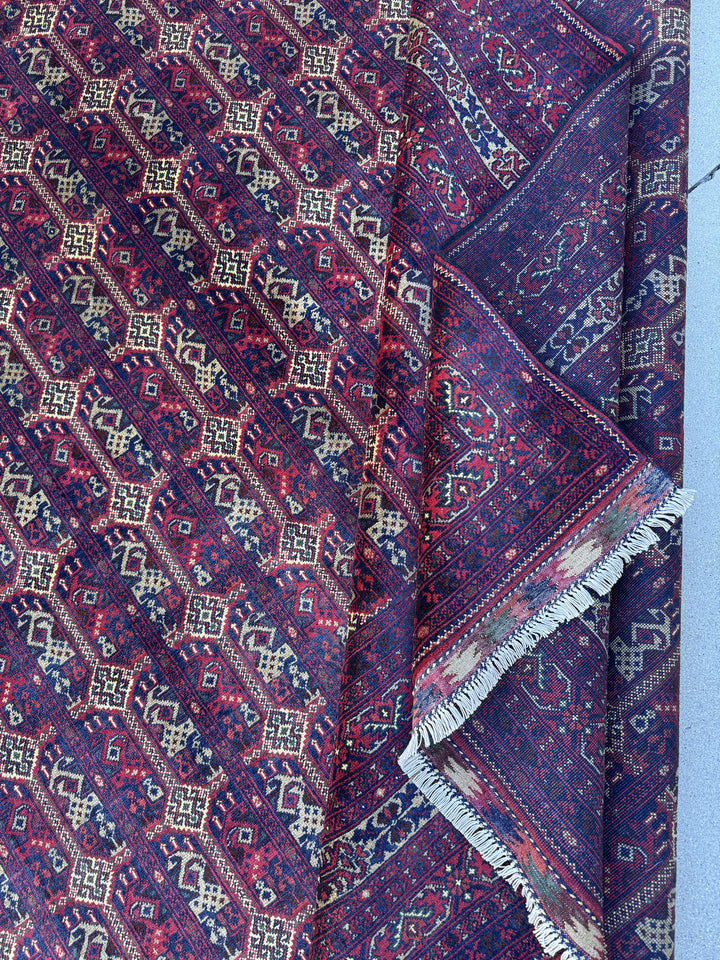 10x14 Handmade Afghan Wool Rug | Deep Burgundy and Eggplant Tribal Geometric Oversized Area Rug | Navy and Tan | Hand-Knotted Carpet