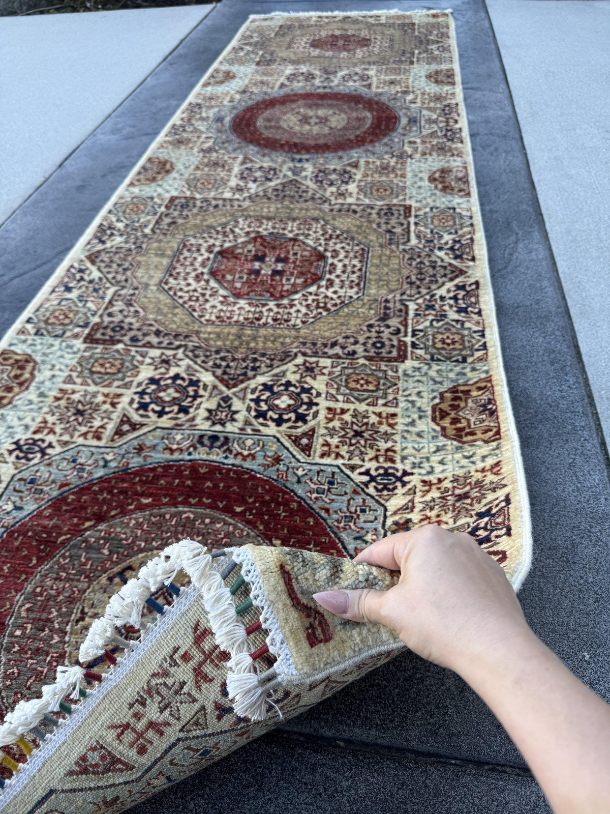 3x10 Handmade Afghan Wool Runner Rug | Cream and Rust Red Mamluk Medallion Hallway Runner | Olive and Navy | Hand-Knotted Fine Carpet