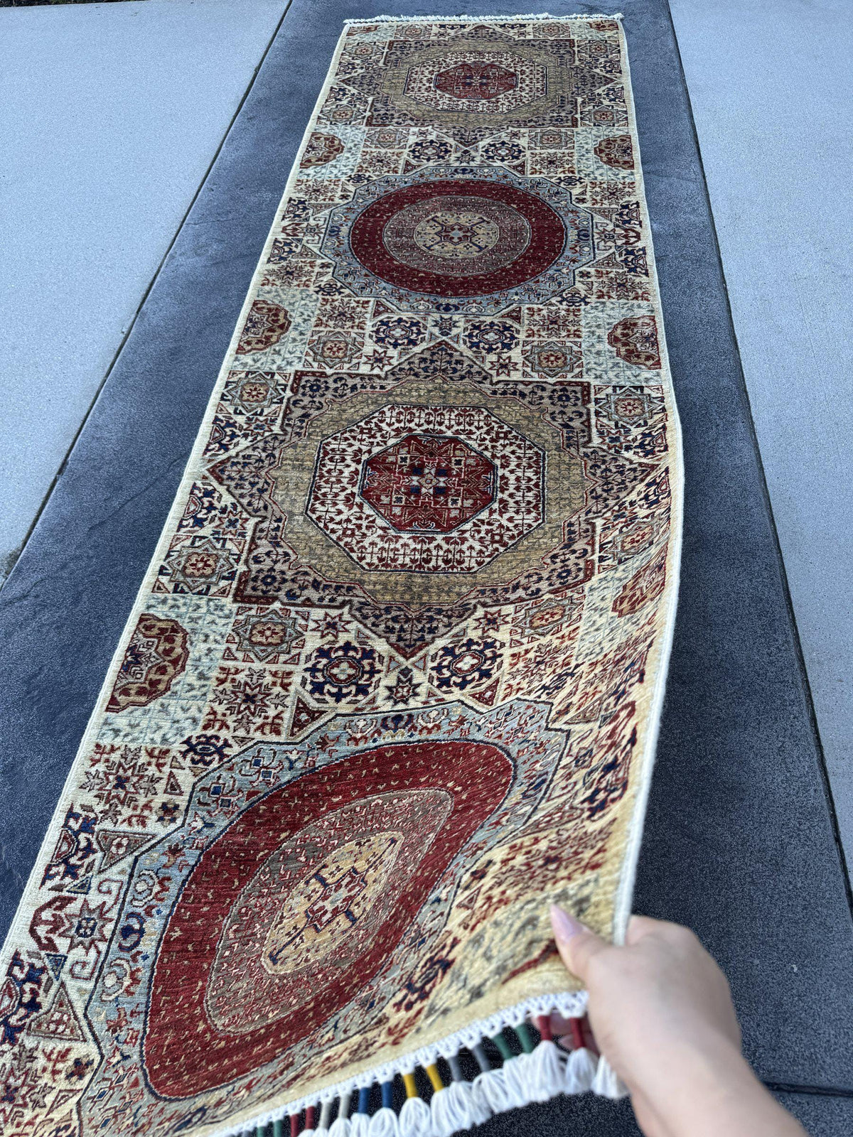 3x10 Handmade Afghan Wool Runner Rug | Cream and Rust Red Mamluk Medallion Hallway Runner | Olive and Navy | Hand-Knotted Fine Carpet