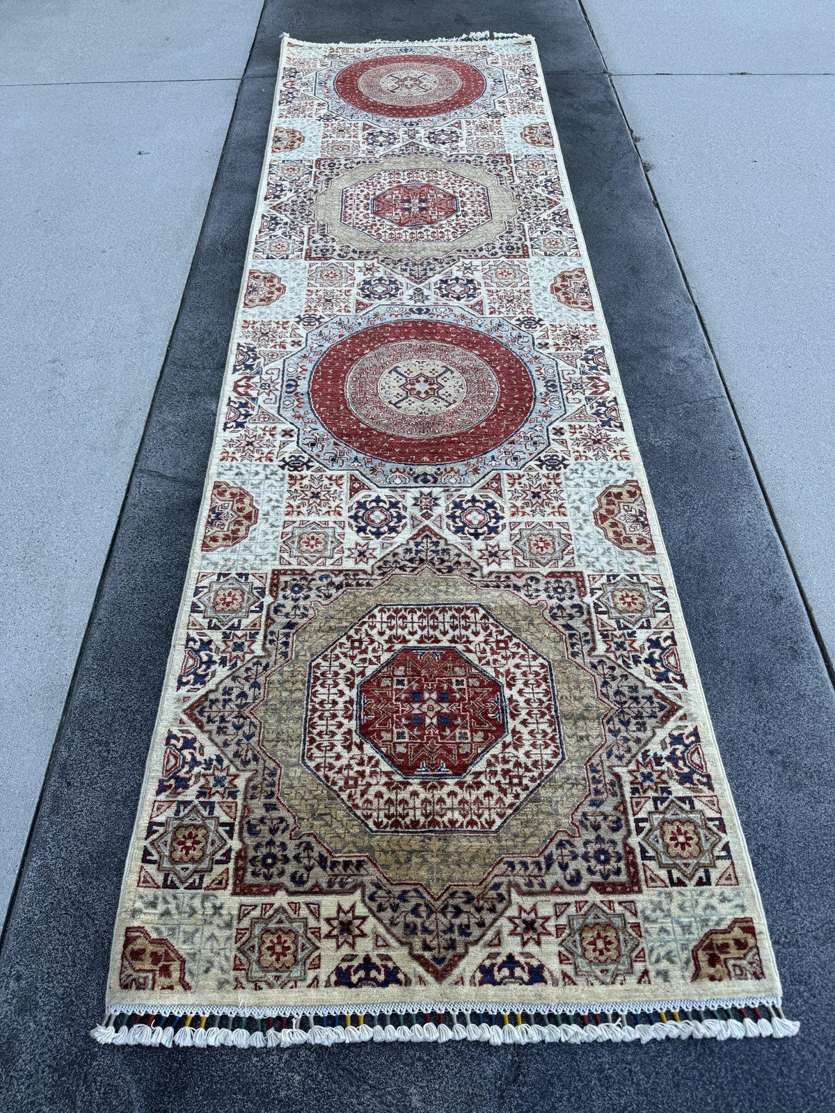 3x10 Handmade Afghan Wool Runner Rug | Cream and Rust Red Mamluk Medallion Hallway Runner | Olive and Navy | Hand-Knotted Fine Carpet