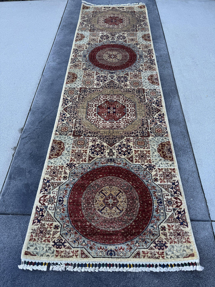 3x10 Handmade Afghan Wool Runner Rug | Cream and Rust Red Mamluk Medallion Hallway Runner | Olive and Navy | Hand-Knotted Fine Carpet