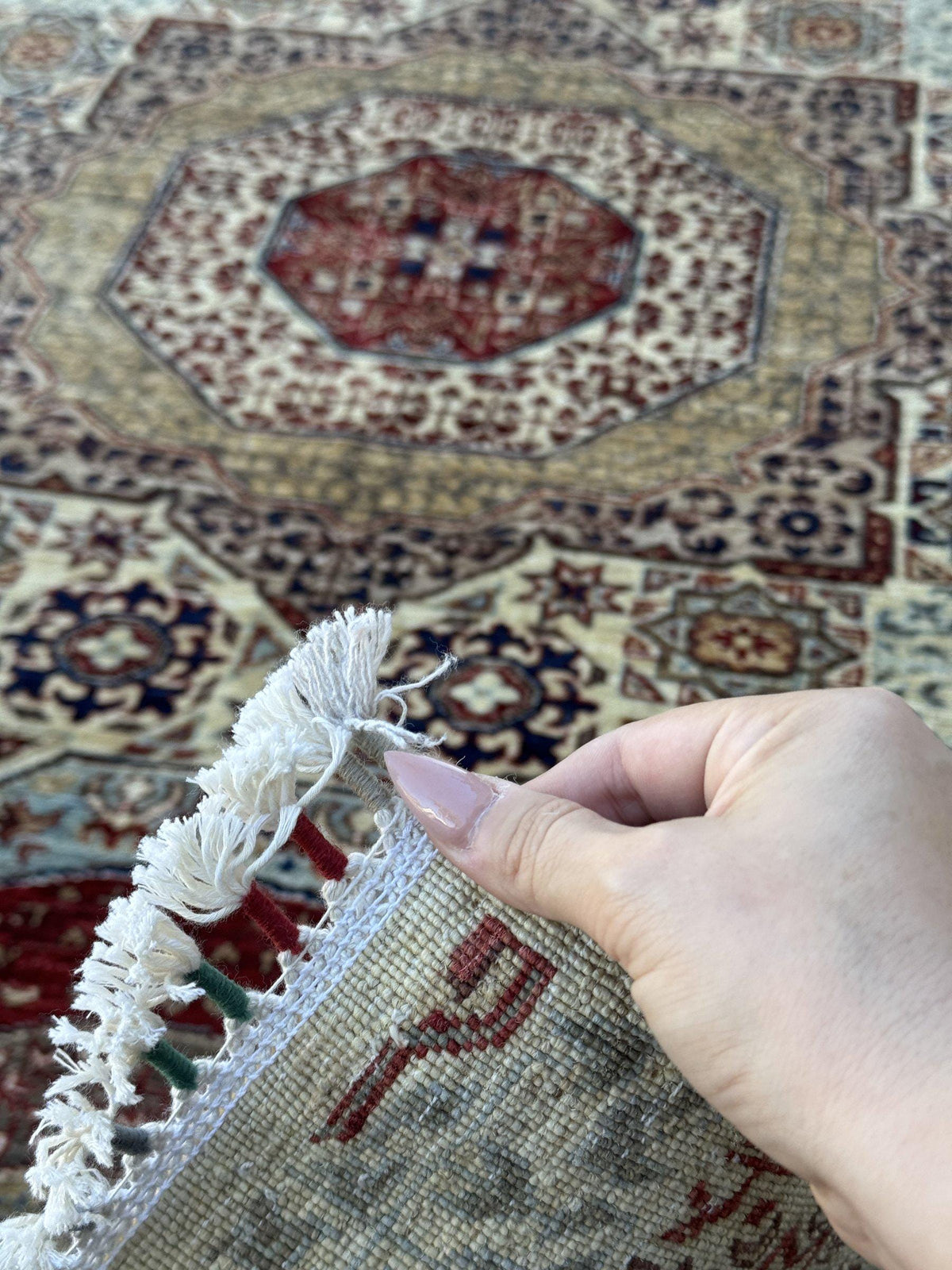 3x10 Handmade Afghan Wool Runner Rug | Cream and Rust Red Mamluk Medallion Hallway Runner | Olive and Navy | Hand-Knotted Fine Carpet