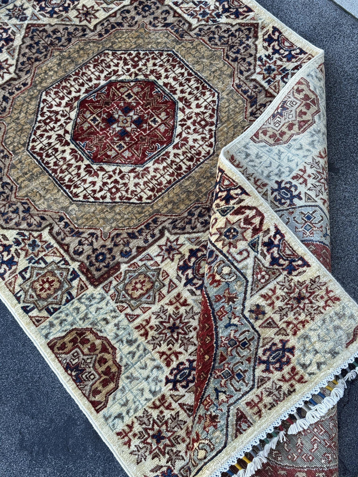 3x10 Handmade Afghan Wool Runner Rug | Cream and Rust Red Mamluk Medallion Hallway Runner | Olive and Navy | Hand-Knotted Fine Carpet