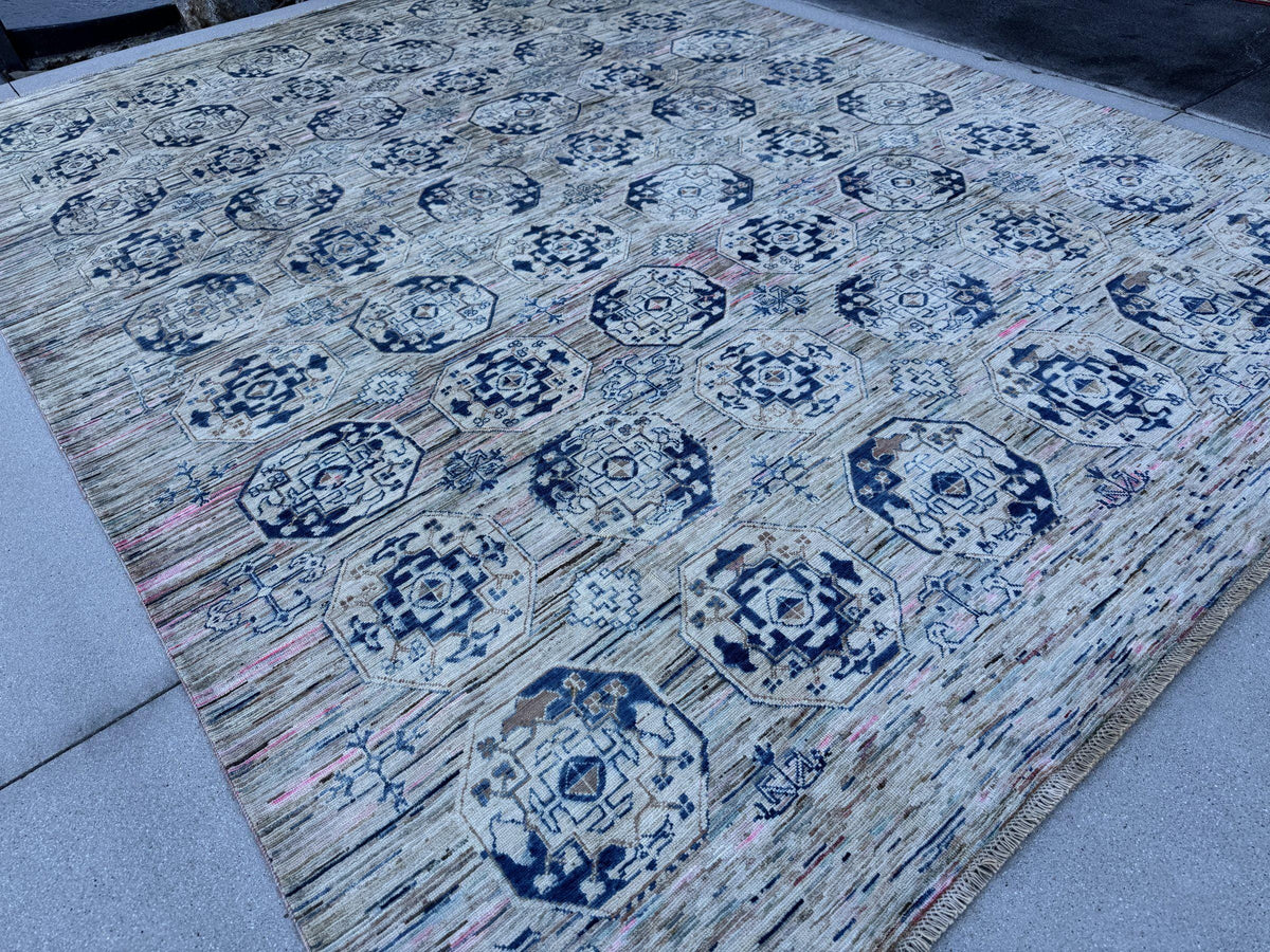9x12 Handmade Afghan Wool Rug | Beige and Navy Blue Modern Tribal Geometric Area Rug | Striated Neutral with Blush Hints | Hand-Knotted