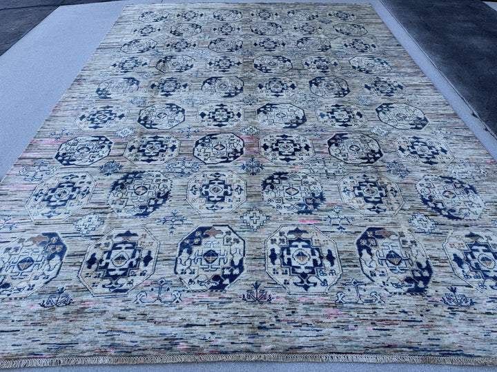 9x12 Handmade Afghan Wool Rug | Beige and Navy Blue Modern Tribal Geometric Area Rug | Striated Neutral with Blush Hints | Hand-Knotted