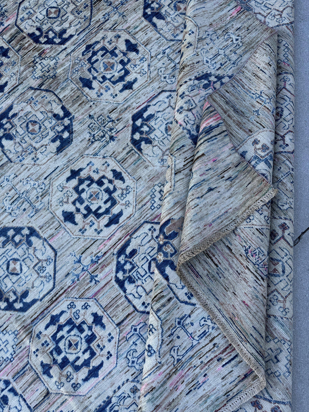 9x12 Handmade Afghan Wool Rug | Beige and Navy Blue Modern Tribal Geometric Area Rug | Striated Neutral with Blush Hints | Hand-Knotted